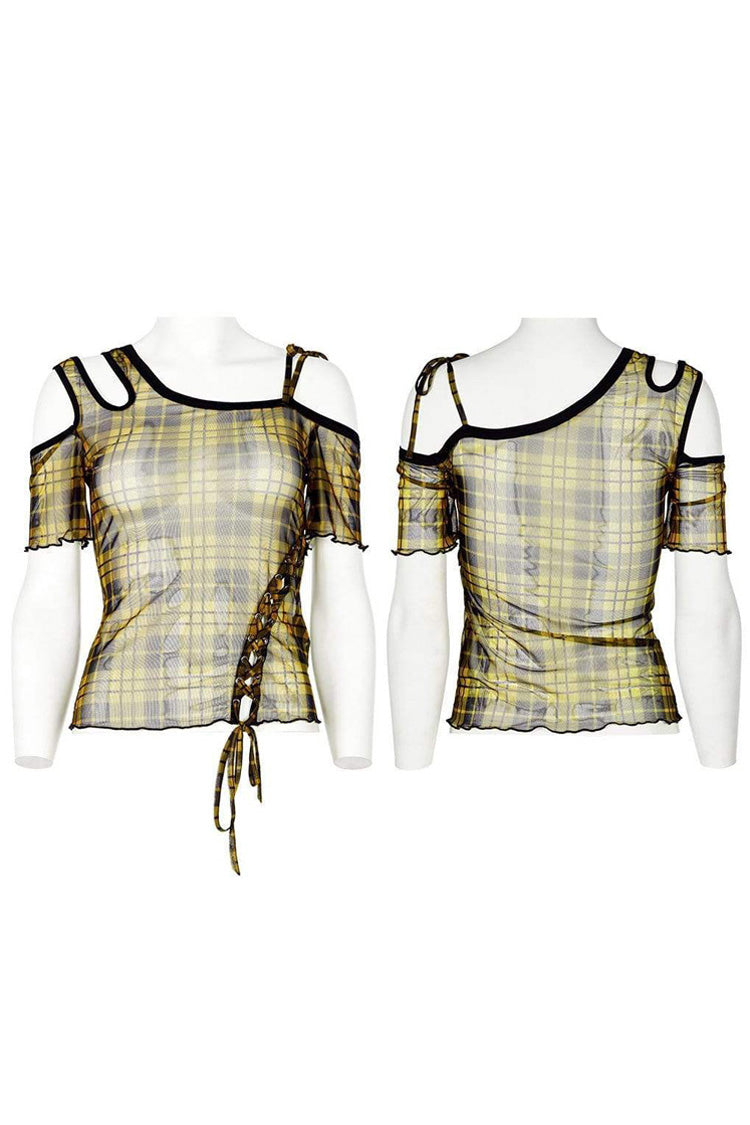 Asymmetrical Cutout Neckline Strap Design Plaid Mesh Women's Punk T-Shirt