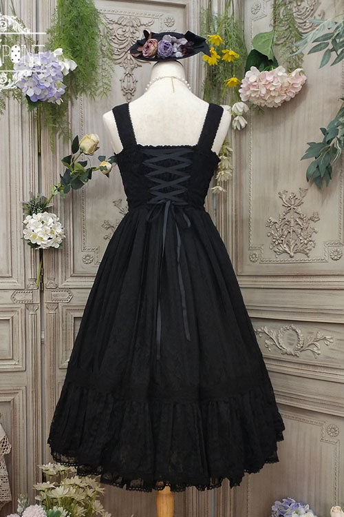 ブラックソリッドカラーエレガントヴィンテージローズ多層刺繍フリルスウィートロリータJSKドレス