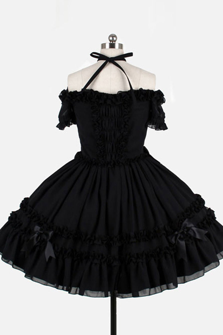 Klassisches Lolita-Kleid aus Chiffon mit Binderiemen und kurzen Ärmeln, U-Boot-Ausschnitt