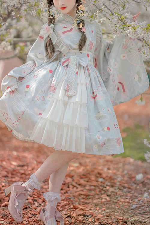 Japanese Trumpet Sleeves Lace Ruffled Cherry Blossom Print Sweet Lolita OP Dress
