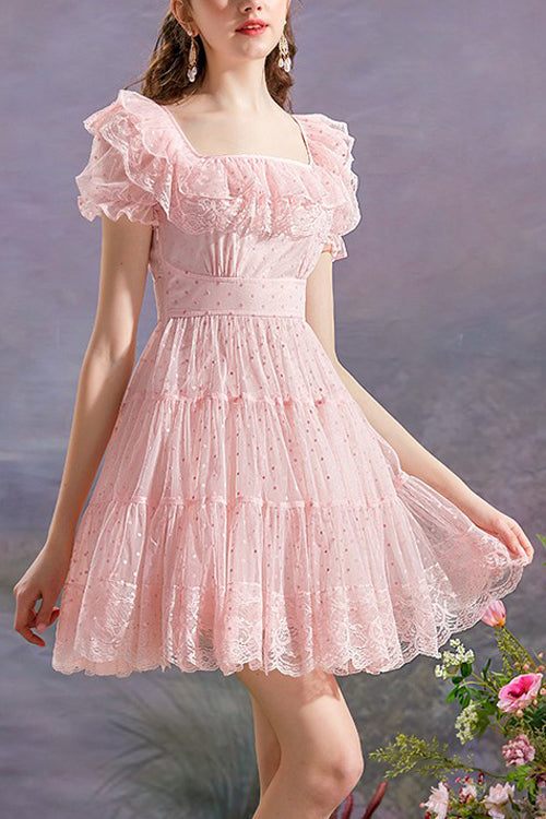 Rosa Vintage Prinzessin Lolita Kleid mit eckigem Kragen, Rüschen, kurzen Ärmeln, Punktmuster, hoher Taille und Netzstoff