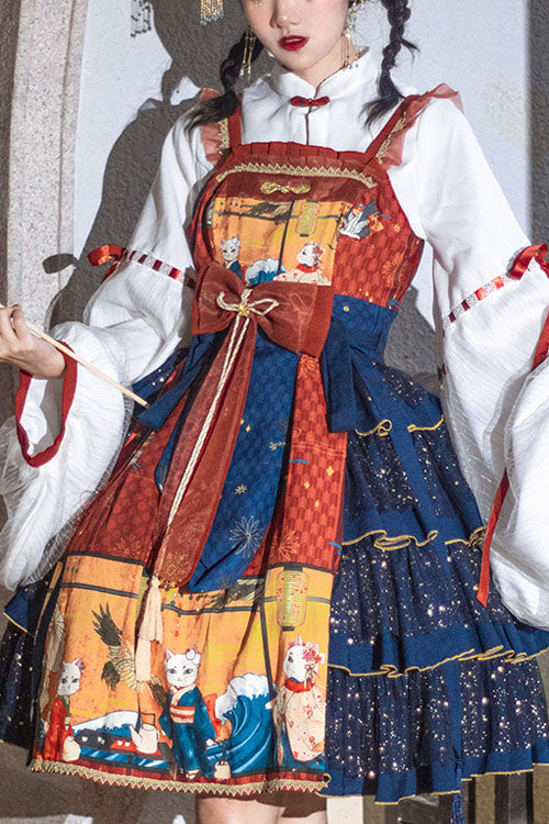 ブルー浮世絵猫と波プリント ノースリーブ マルチレイヤー スイート ロリータ JSK ドレス