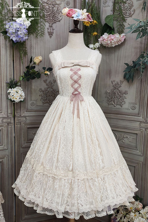アイボリーソリッドカラーエレガントヴィンテージローズ多層刺繍フリルスウィートロリータJSKドレス
