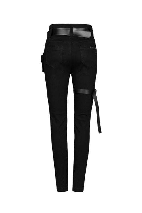 Black Punk Diablo War Hee Female Detachable Loop Denim Skinny Jeans Womens Pants