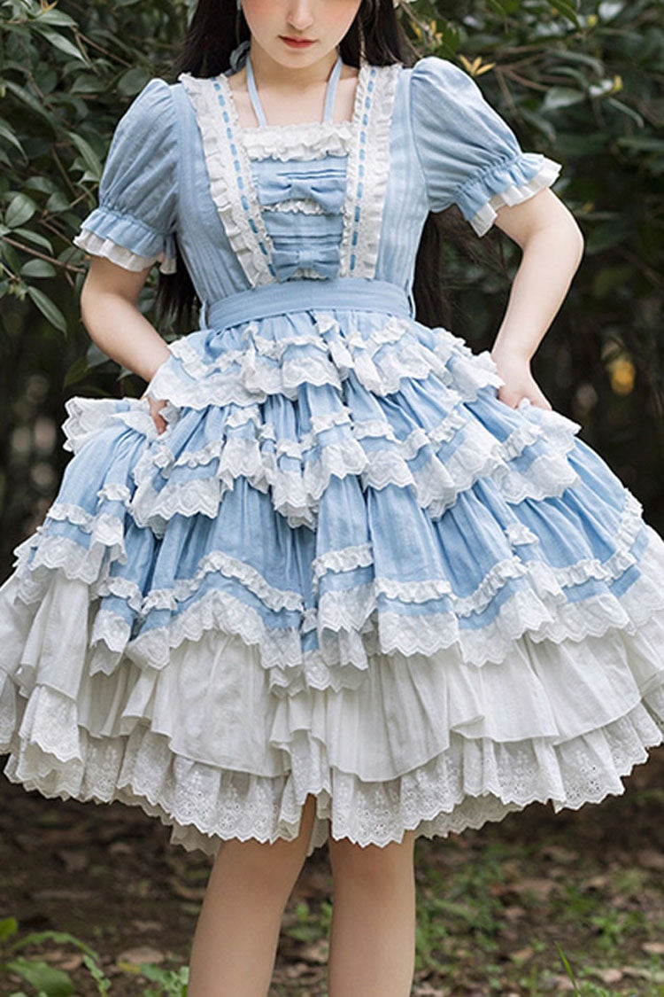 Blue Halter Lantern Short Sleeves Stitching Lace Ruffled Hanayome Sweet Lolita Op Tiered Dress