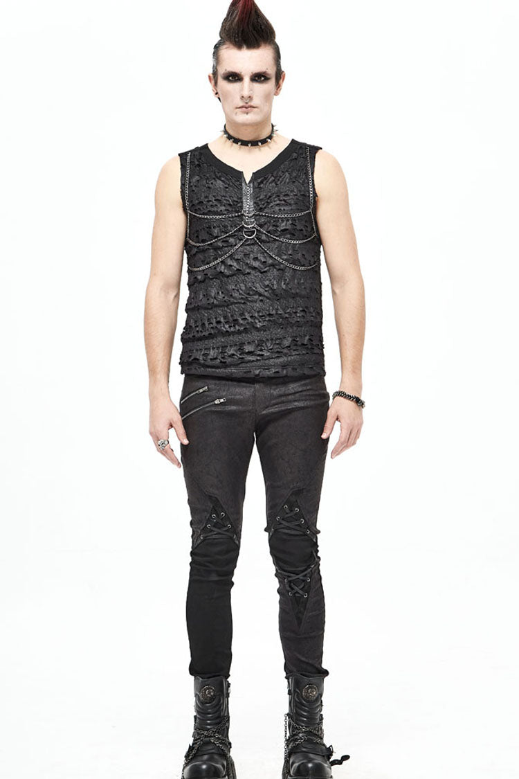 Black Broken Holes Thick Stripes Chest Chain Knit Men's Punk Vest