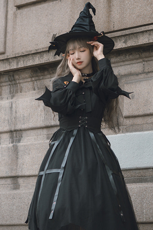 Schwarzes Cateye-Kleid mit Reverskragen und unregelmäßigem Saum im Gothic-Lolita-OP-Stil