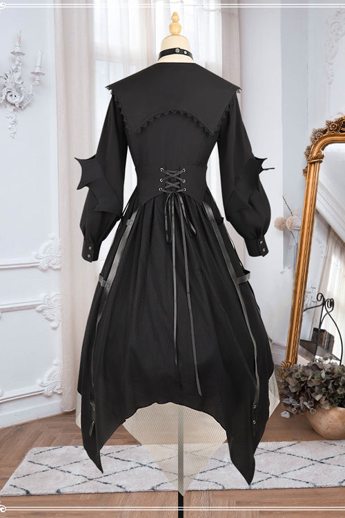 Schwarzes Cateye-Kleid mit Reverskragen und unregelmäßigem Saum im Gothic-Lolita-OP-Stil