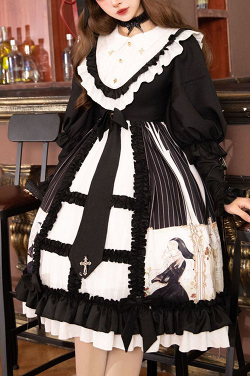 Black/White Dark Gold Hymn Bowknot Square Collar Long Sleeves Cardigan Ruffled Gothic Lolita OP Dress