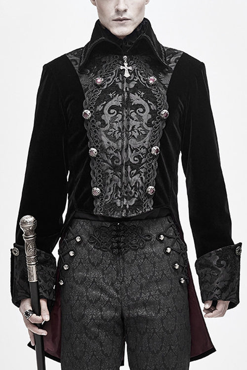 Black Court Pattern Lapel Collar Velvet Mens Gothic Coat