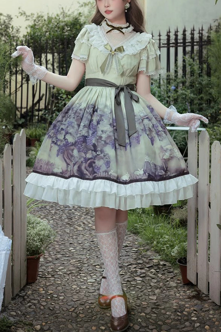 Süßes Lolita-Kleid im Prinzessinnen-Stil mit Rüschen und Schleife, mehreren Farben und kurzen Ärmeln, Weinberg-Print