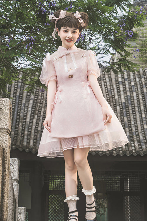 中国風スタンドカラーレースパフ半袖繊細スイートロリータドレス