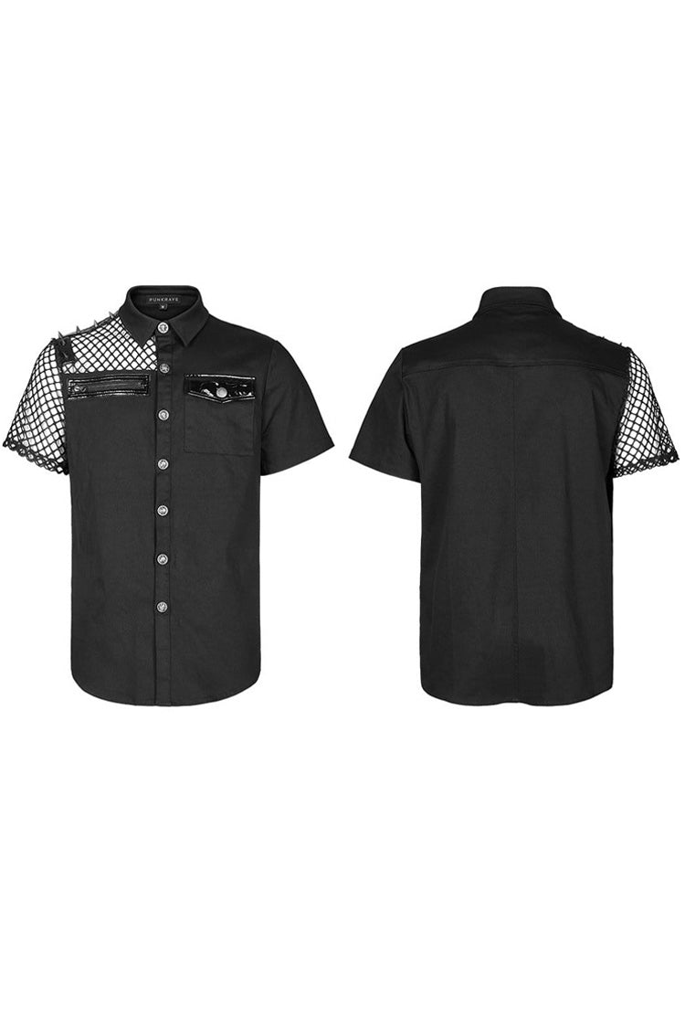 Black Punk Elastic Cotton Twill Fabric Spliced Diamond Mesh Asymmetrical Personality Short Sleeve Men's Shirt