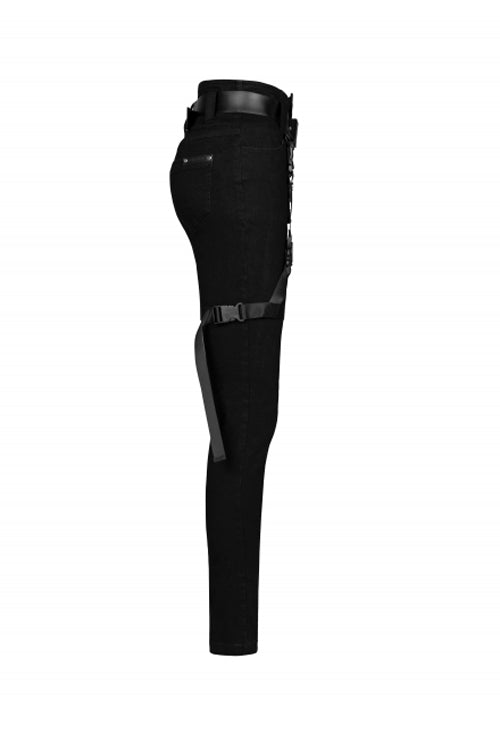 Black Punk Diablo War Hee Female Detachable Loop Denim Skinny Jeans Womens Pants