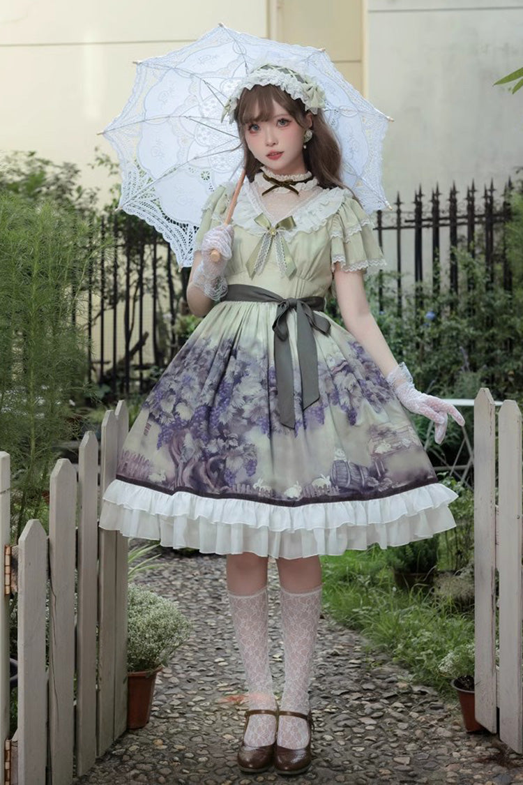 Süßes Lolita-Kleid im Prinzessinnen-Stil mit Rüschen und Schleife, mehreren Farben und kurzen Ärmeln, Weinberg-Print