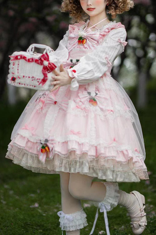 Pink Strawberry Bowknot Round Collar Long Sleeves Multi-Layer Ruffled Sweet Lolita OP Dress