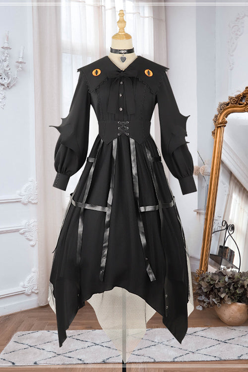 Schwarzes Cateye-Kleid mit Reverskragen und unregelmäßigem Saum im Gothic-Lolita-OP-Stil