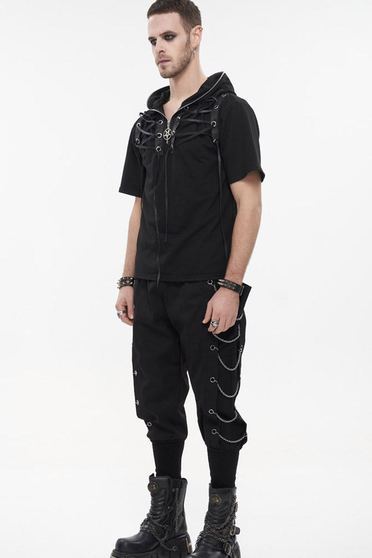 Black Punk Short Sleeve Metal Zipper Lace-Up Knit Loose Casual Hooded Men's T-Shirt