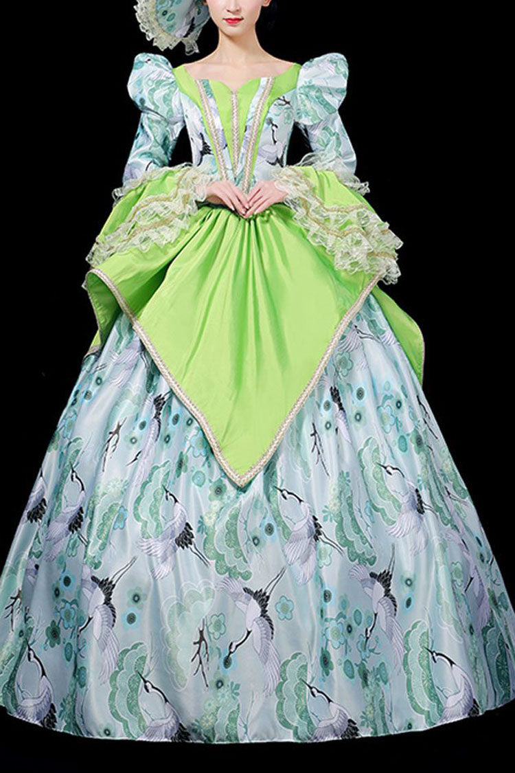 Green Multi-Layer Hime Sleeves High Waisted Stitching Chinese Red Crowned Crane Print Victorian Lolita Prom Dress