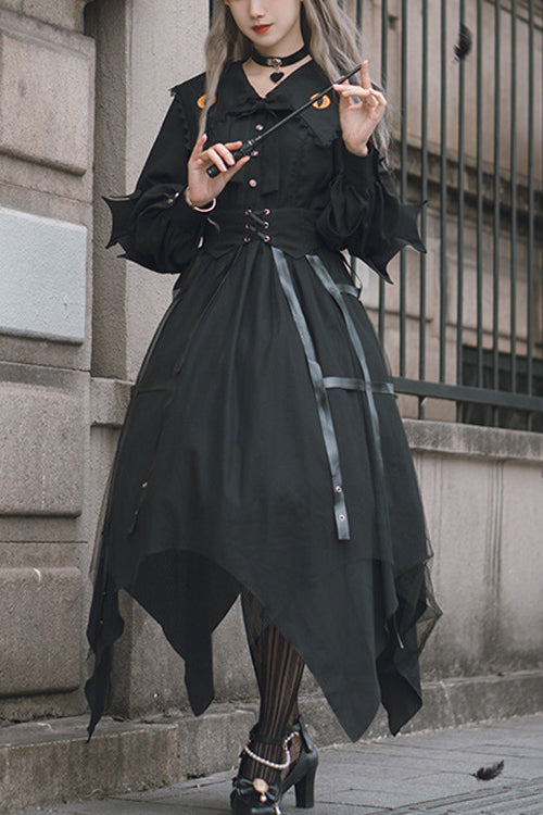 Schwarzes Cateye-Kleid mit Reverskragen und unregelmäßigem Saum im Gothic-Lolita-OP-Stil