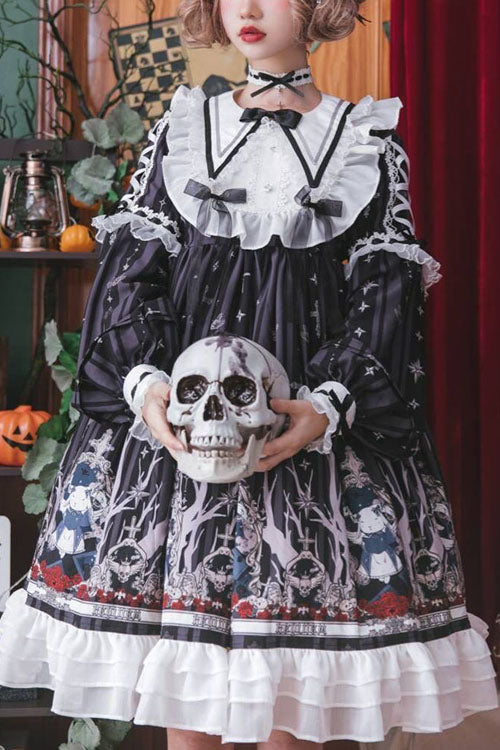 Schwarzes Rabbit'S Requiem-Kleid mit rundem Kragen und langen Ärmeln im College-Stil, Gothic-Lolita-OP-Kleid