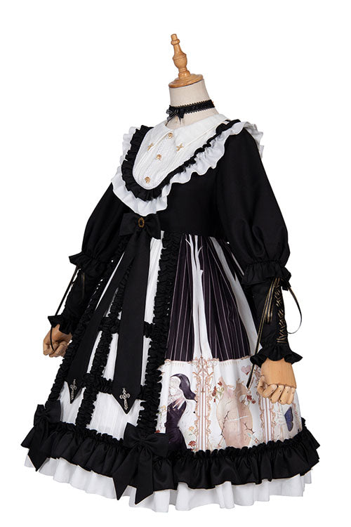 Black/White Dark Gold Hymn Bowknot Square Collar Long Sleeves Cardigan Ruffled Gothic Lolita OP Dress