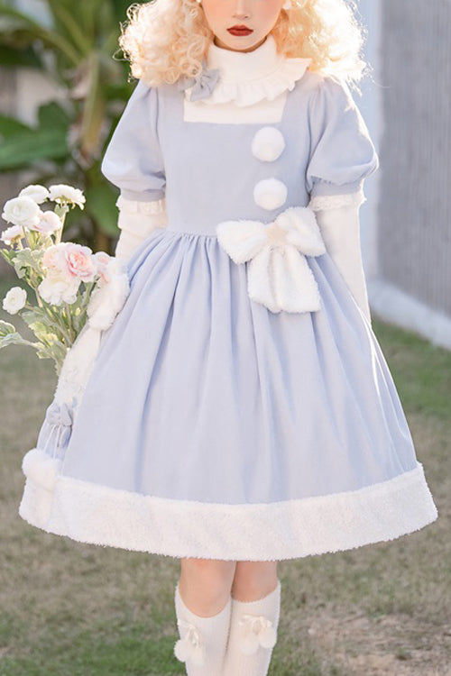 Blue Square Collar Short Sleeves Waist Bow Winter Star Sweet Lolita Dress