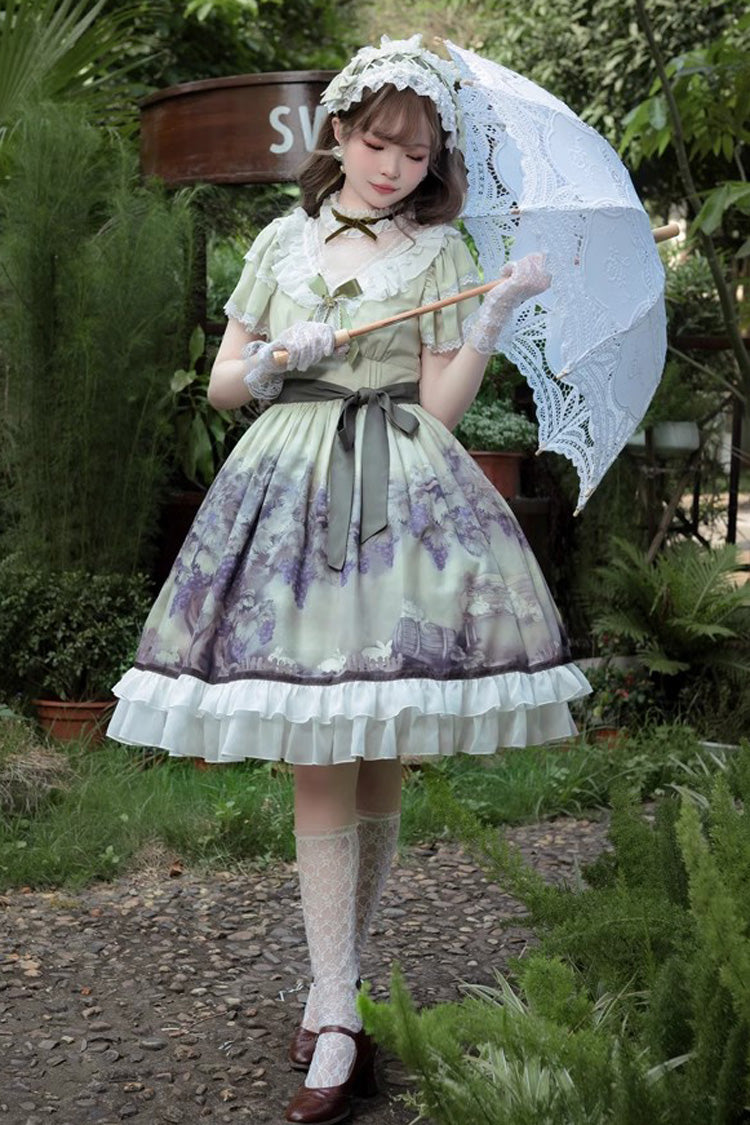 Süßes Lolita-Kleid im Prinzessinnen-Stil mit Rüschen und Schleife, mehreren Farben und kurzen Ärmeln, Weinberg-Print