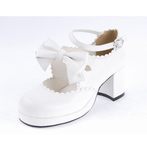 White PU Round Toe Ankle Straps Bow Decoration Platform Sweet Lolita Shoes