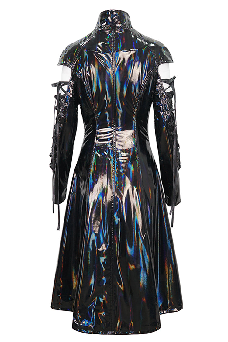 Black Lace Up Mesh Splice Patent Leather Long Women's Punk Coat