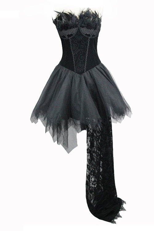 Black Gothic Wedding Strapless Feathered Sexy Velveteen Womens Dress With Rose Lace Tail