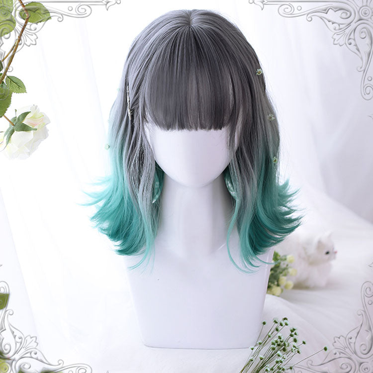 Gray Gradient Green Short Slightly Curly Sweet Lolita Wigs