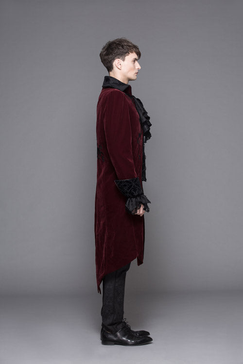 Red Party Fake Two Pieces Velvet Mens Gothic Long Coat
