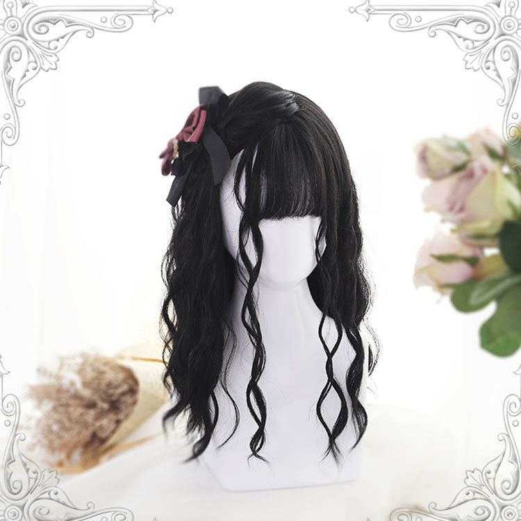 Black Air Bangs Long Hair Water Pattern Curly Classic Lolita Wigs