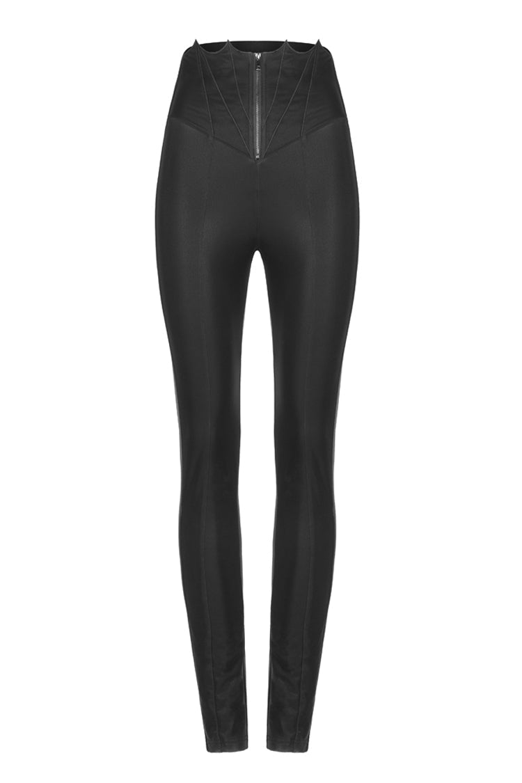 Schwarze, mit Fledermaus bestickte, elastische Taille, feinkörniger Flaum, Metallreißverschluss, enge Punk-Lederhose für Damen