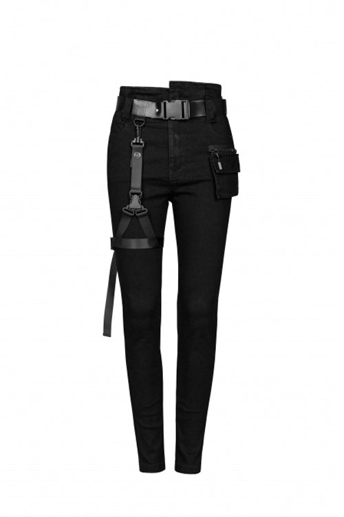 Black Punk Diablo War Hee Female Detachable Loop Denim Skinny Jeans Womens Pants