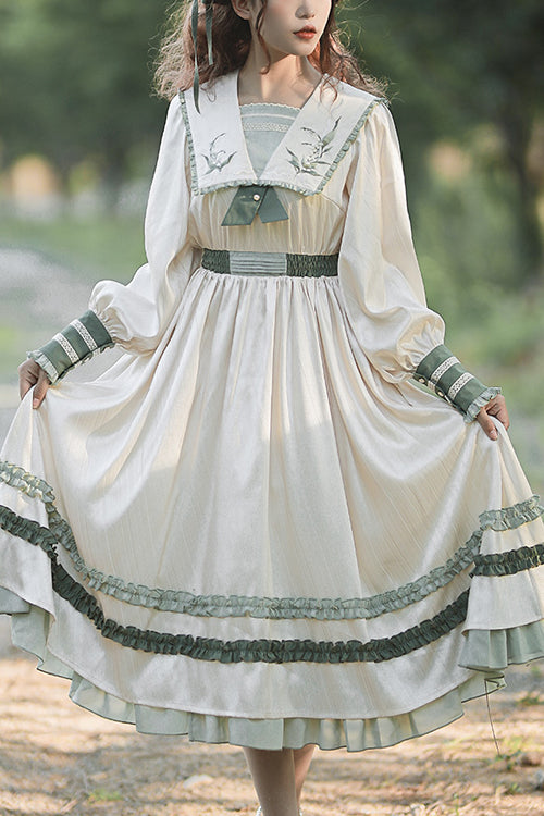 Beiges, besticktes, großes Reverskragen, lange Ärmel, hohe Taille, langes süßes Lolita OP-Kleid