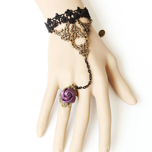 Black Retro Fashion Sweet Lace Rose Flower Female Bracelet Ring One Chain