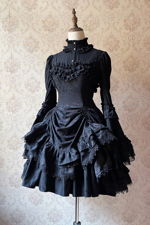 Dark Black High Waisted Ruffled Hanayome Gothic Lolita Dress