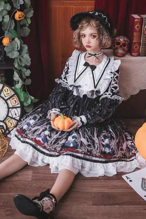 Schwarzes Rabbit'S Requiem-Kleid mit rundem Kragen und langen Ärmeln im College-Stil, Gothic-Lolita-OP-Kleid