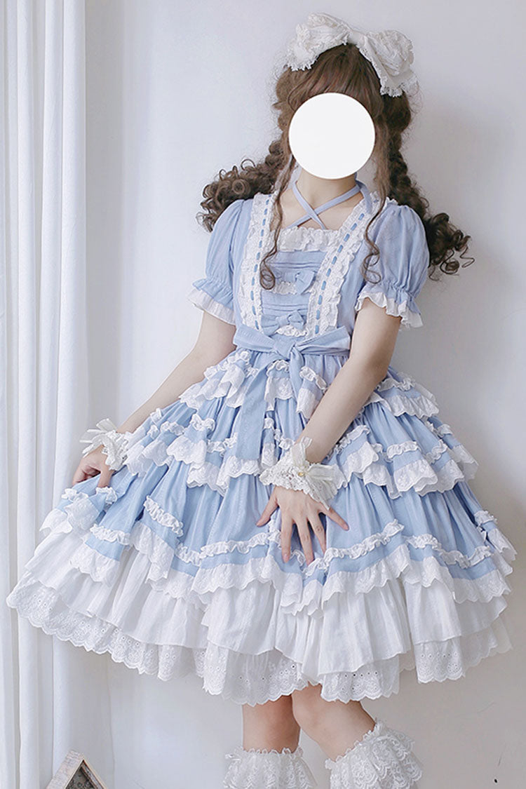 Blue Halter Lantern Short Sleeves Stitching Lace Ruffled Hanayome Sweet Lolita Op Tiered Dress