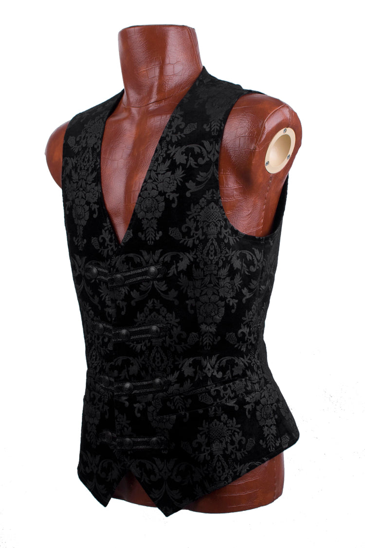 Black Retro Jacquard Front Woven Strap Metal Button Men's Gothic Vest