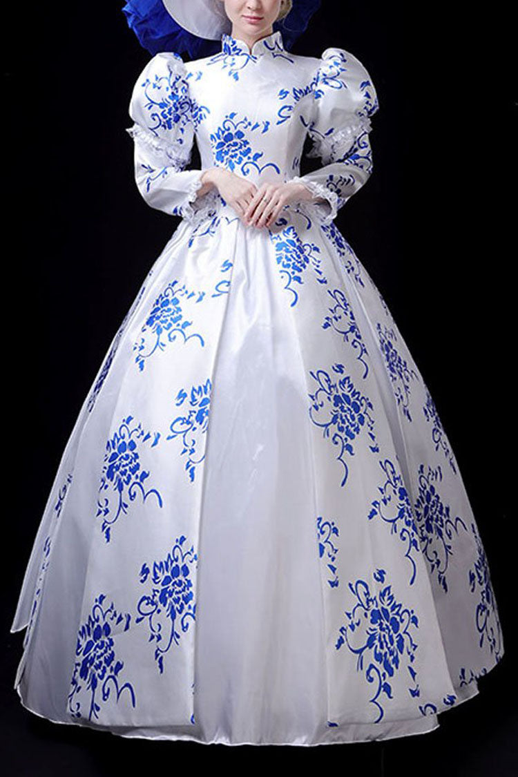 Blue/White Porcelain Printing Stand Collar High Waisted Victorian Lolita Prom Dress