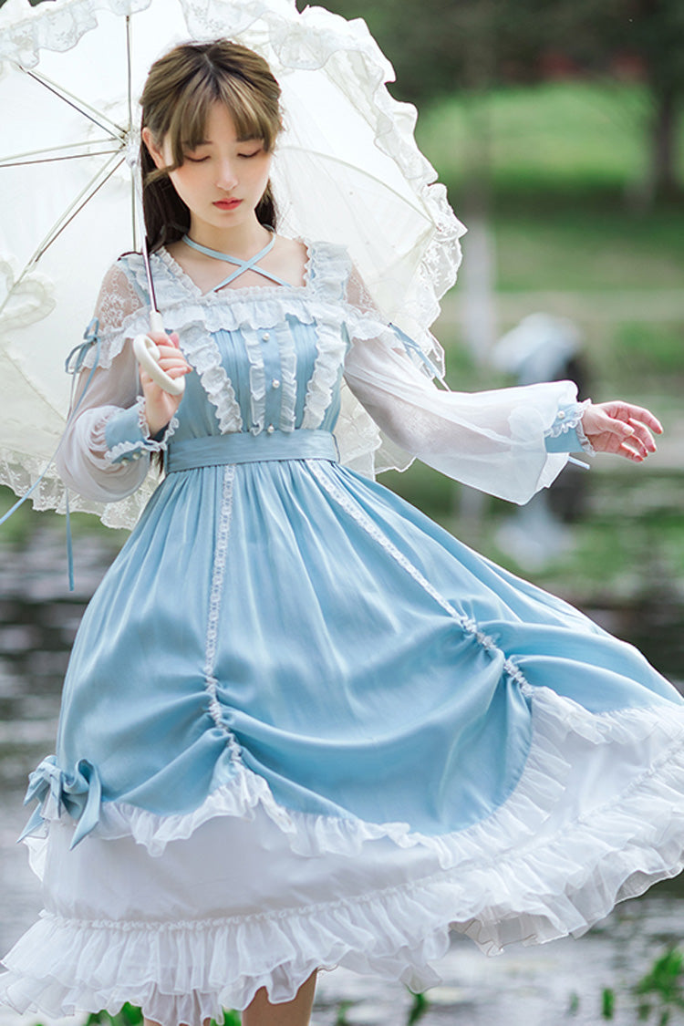 Blue Halter Neck Lantern Long Sleeves Lace Ruffled Hanayome Sweet Lolita Op Tiered Dress
