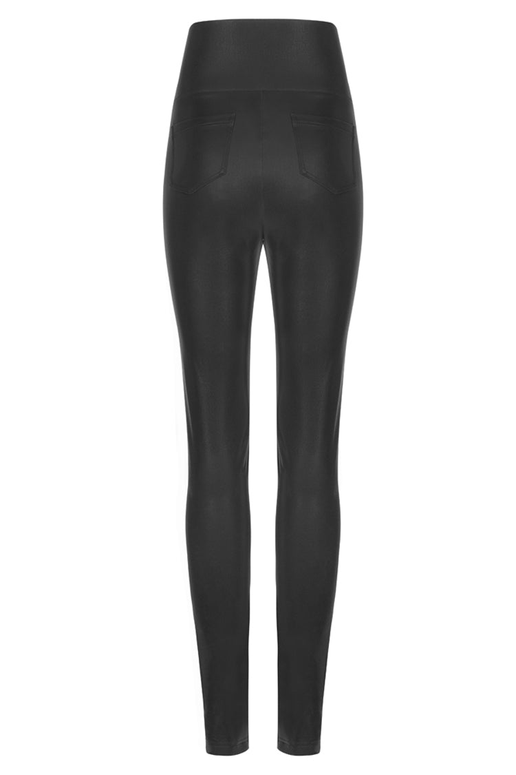 Schwarze, mit Fledermaus bestickte, elastische Taille, feinkörniger Flaum, Metallreißverschluss, enge Punk-Lederhose für Damen