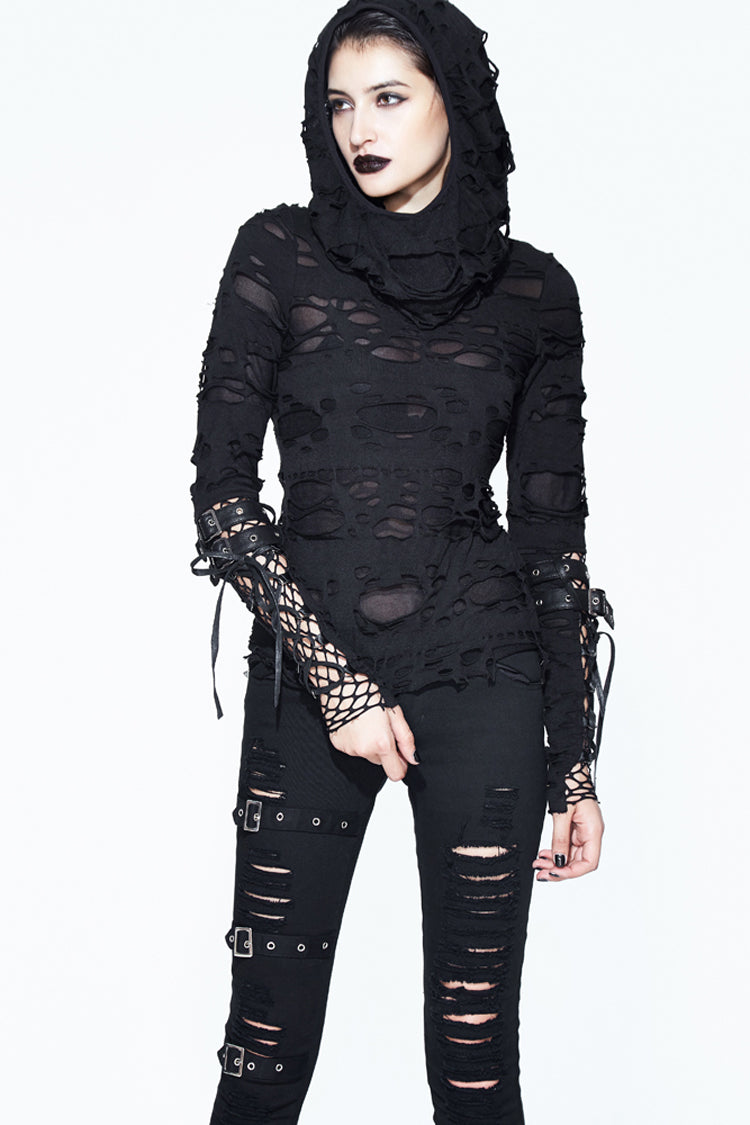 Black Hooded Ripped Finger Covered Splice Mesh Leather Loop Lace Up Women's Punk Shirt