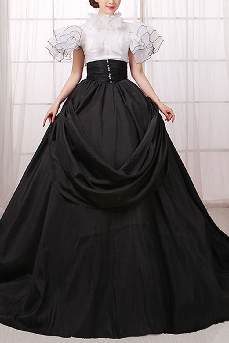 Weiß/schwarze Nähte, kurze Ärmel, hohe Taille, Reißverschluss auf der Rückseite, Schleife, viktorianisches Lolita-Ballkleid