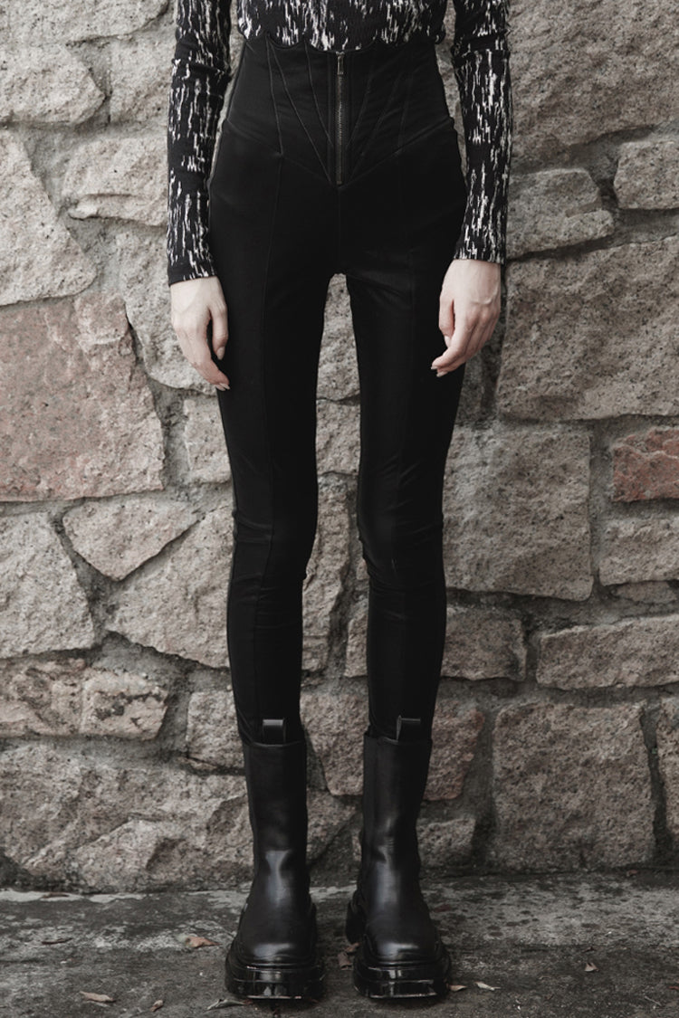 Black Bat Embroidered Waist Elastic Fine-Grained Fluff Metal Zipper Design Tight Women's Punk Leather Pants