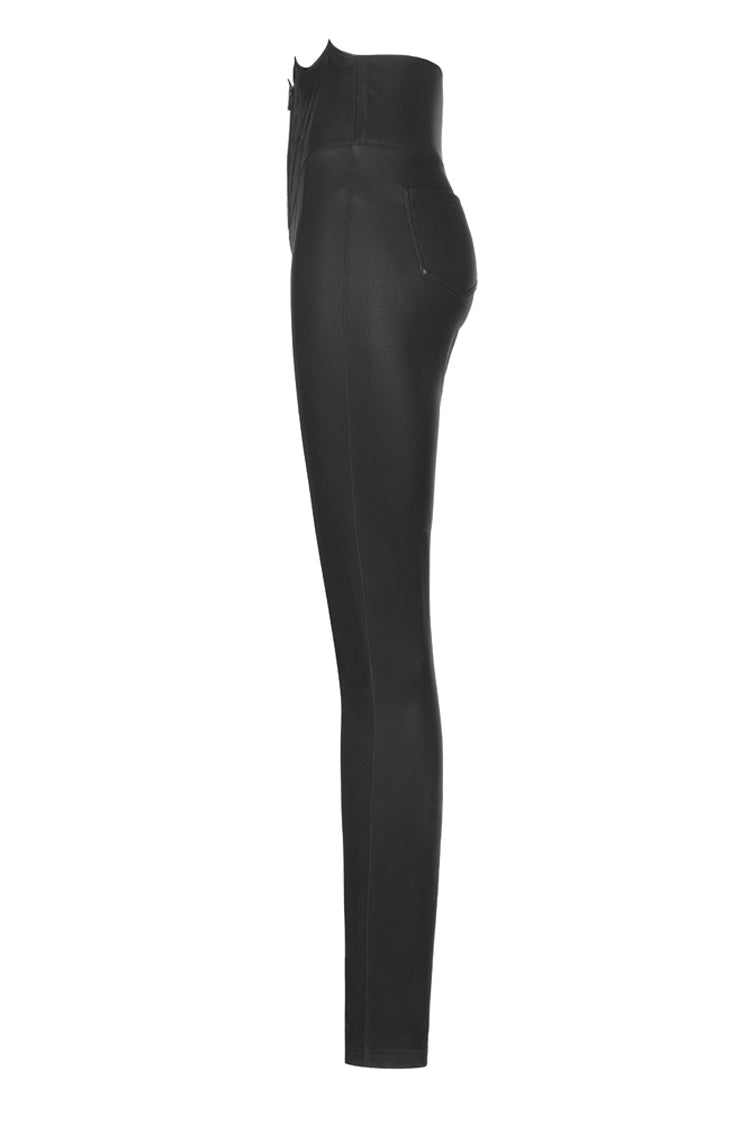 Schwarze, mit Fledermaus bestickte, elastische Taille, feinkörniger Flaum, Metallreißverschluss, enge Punk-Lederhose für Damen