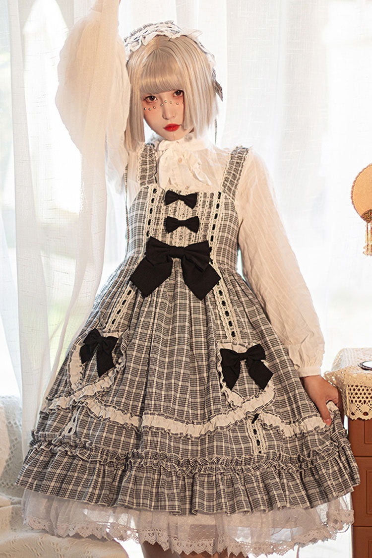 Schwarz/weißes süßes Lolita JSK Kleid mit hoher Taille und Schleife und Rüschen